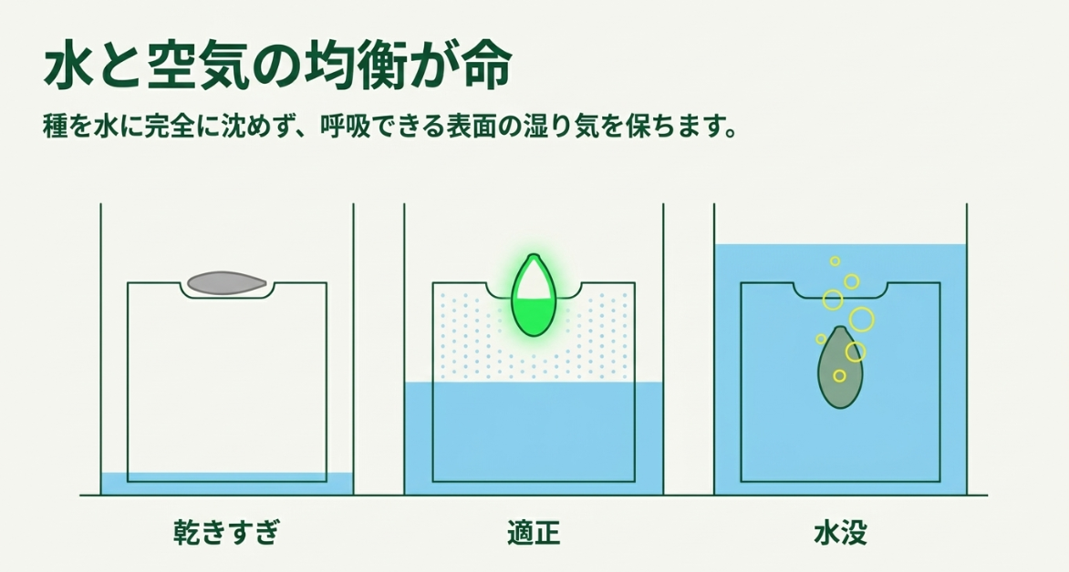 ほうれん草の種の乾きすぎ、適切な湿り気、水没状態を比較した水と空気のバランス