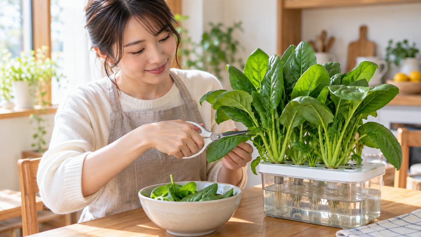 水耕栽培で育ったほうれん草の外葉を清潔なはさみで収穫する様子