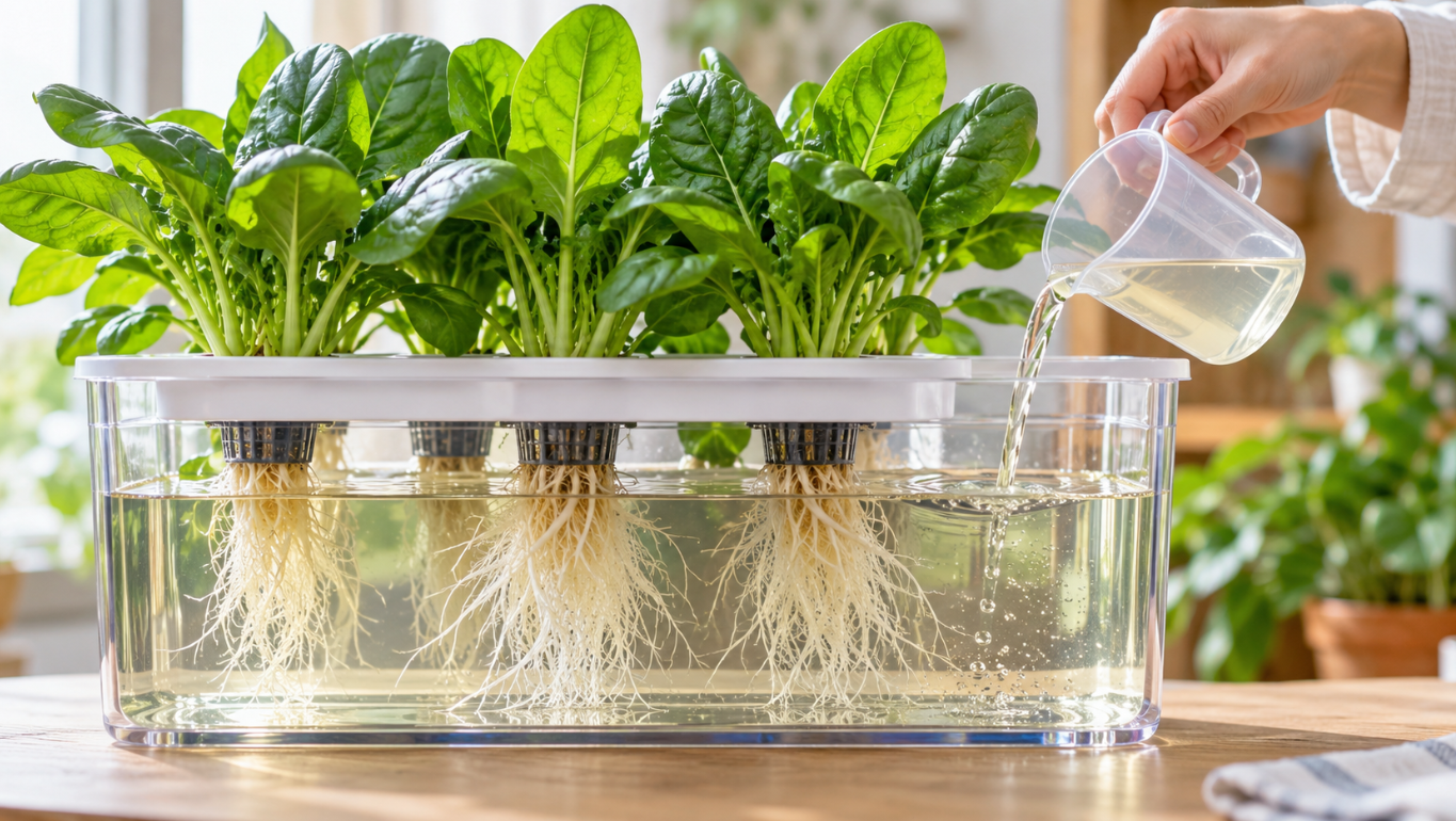 ほうれん草の根と水位を確認しながら水耕栽培容器へ培養液を補充する様子