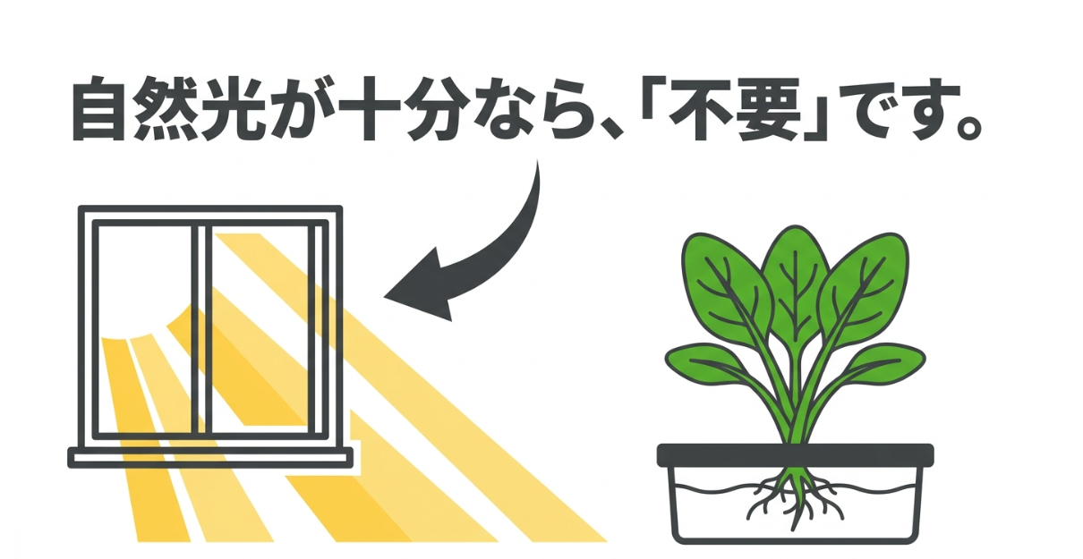 窓からの日光を受ける水耕栽培のほうれん草と、自然光が十分ならLEDは不要と説明する図