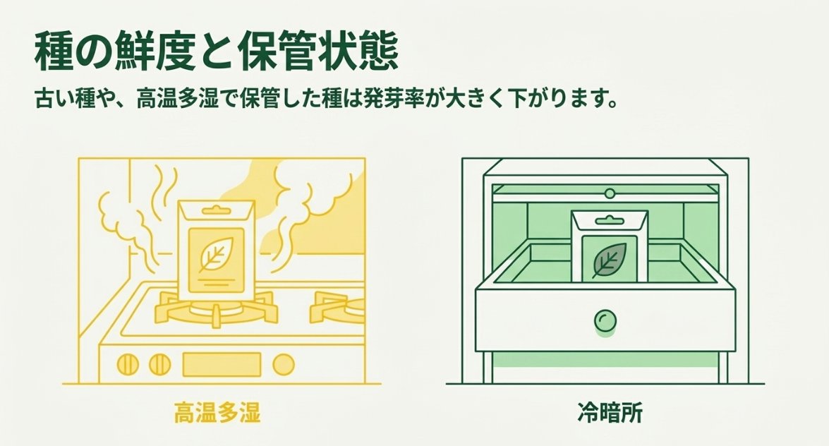ほうれん草の古い種や高温多湿で保管した種と冷暗所で保管した種の違い