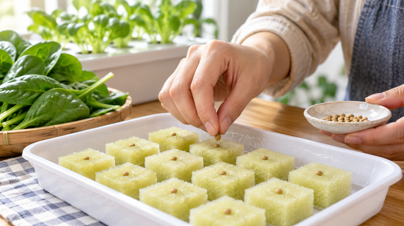 湿らせた育苗スポンジにほうれん草の種を一粒ずつまく水耕栽培