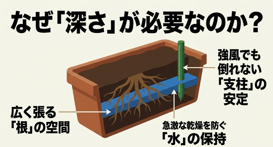 深型プランターがトマトの根のスペース、水分保持、支柱の安定に役立つ理由を示した断面図