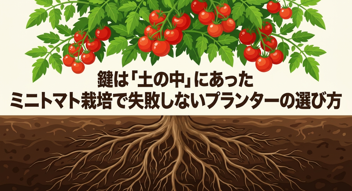 トマトの根が土の中に広がる様子と、ミニトマト栽培で失敗しないプランター選びの重要性を示した図
