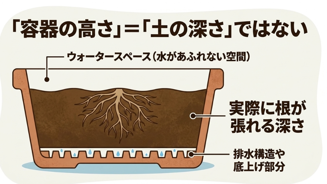 プランターの容器高さと実際に根が張れる土の深さは異なり、ウォータースペースや排水構造があることを示した断面図