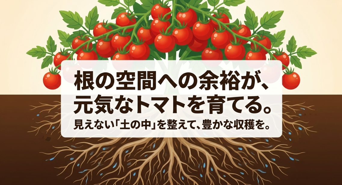 ミニトマトの根が深く広がる様子と、根のスペースに余裕を持たせるプランター選びの大切さを示したまとめ画像