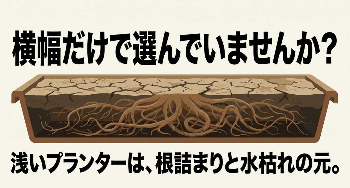 横幅が広くても深さが足りないプランターではミニトマトの根が詰まりやすいことを示した断面図