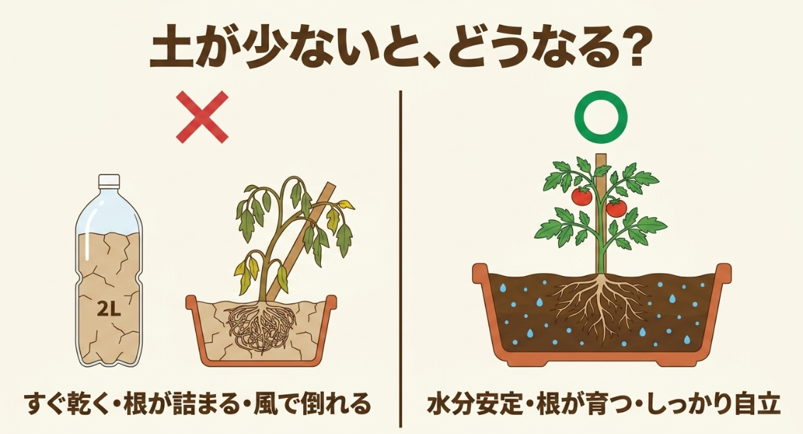 2Lペットボトルや浅い鉢と十分な土量のプランターを比較し、ミニトマトの根詰まりや水切れの違いを示した図