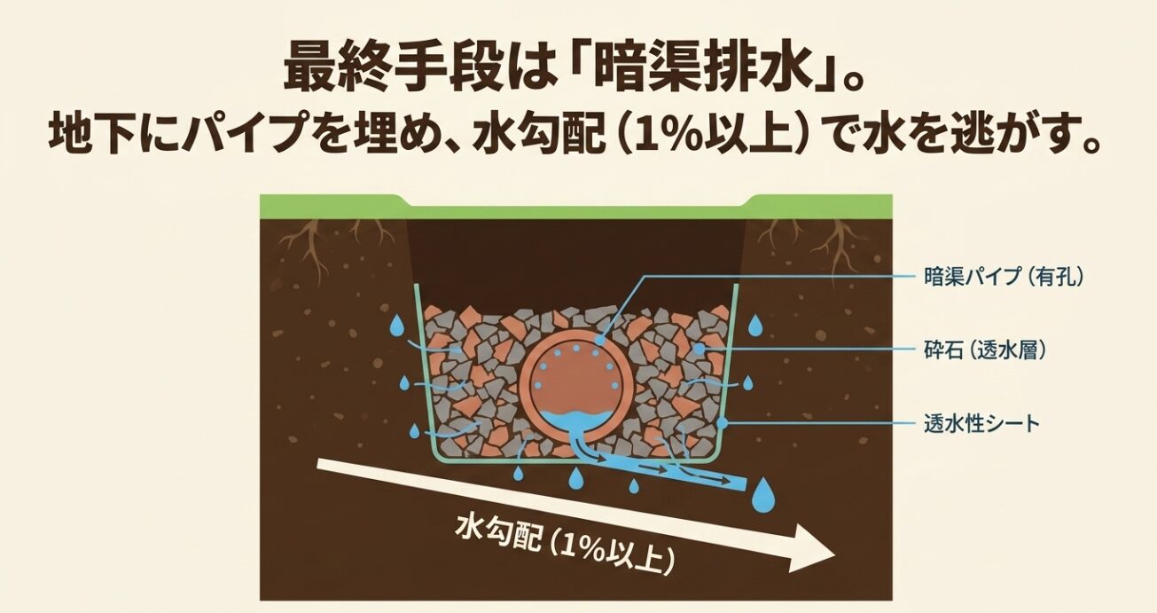 最終手段は暗渠排水。地下に透水性シートと砕石で暗渠パイプを埋め、1%以上の水勾配で水を逃がす仕組み。