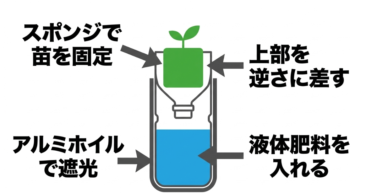 ペットボトル上部を逆さにしてスポンジで空芯菜を固定し下部を遮光する水耕栽培容器