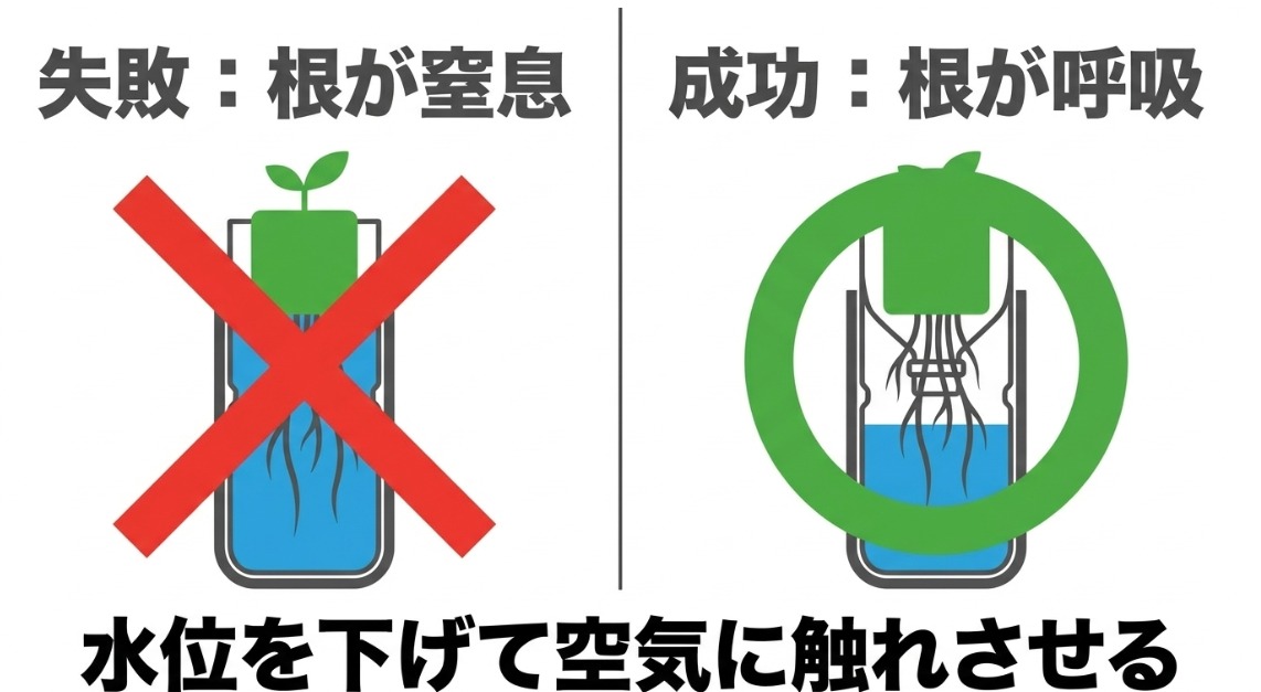 空芯菜の根を全部水没させず水位を下げて空気に触れさせる水耕栽培の水位