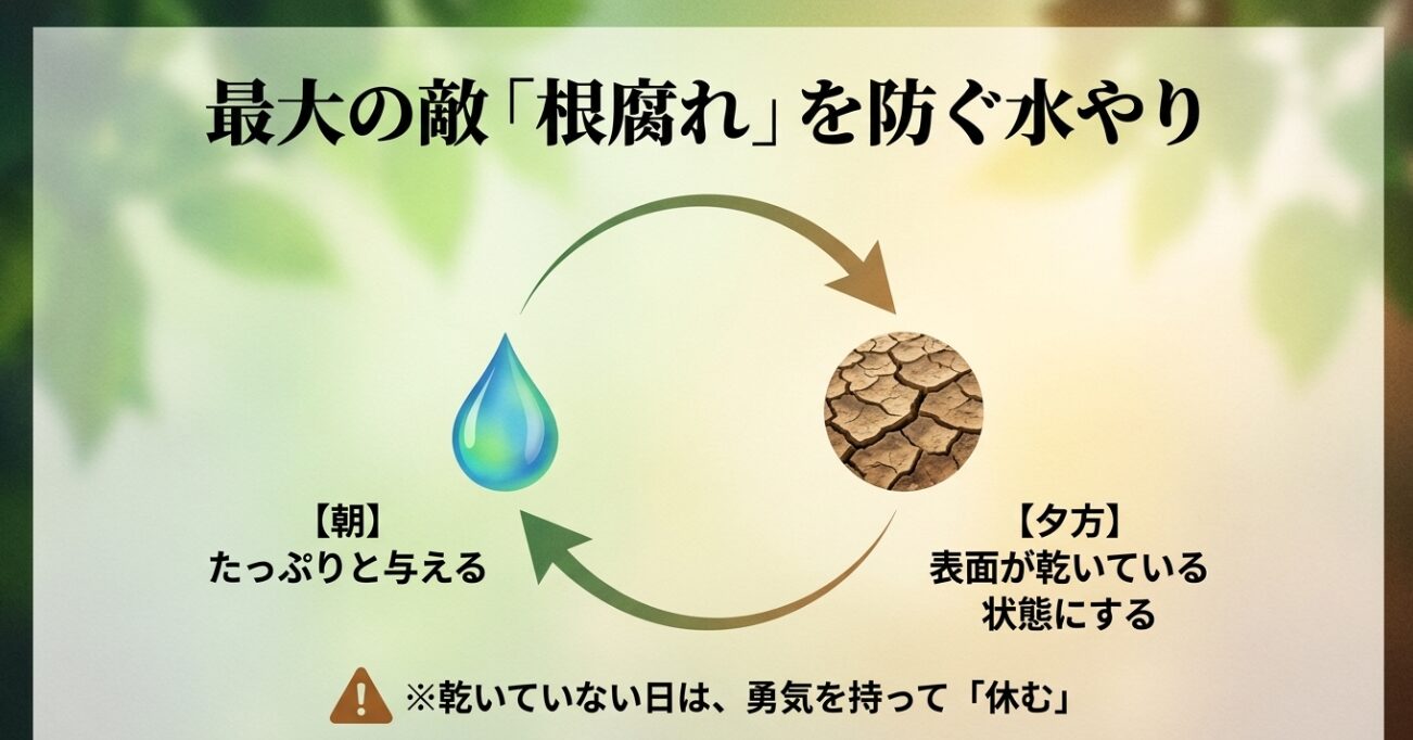朝はたっぷりと水を与え、夕方には土の表面が乾いている状態を作る水やりのコツをまとめたスライド