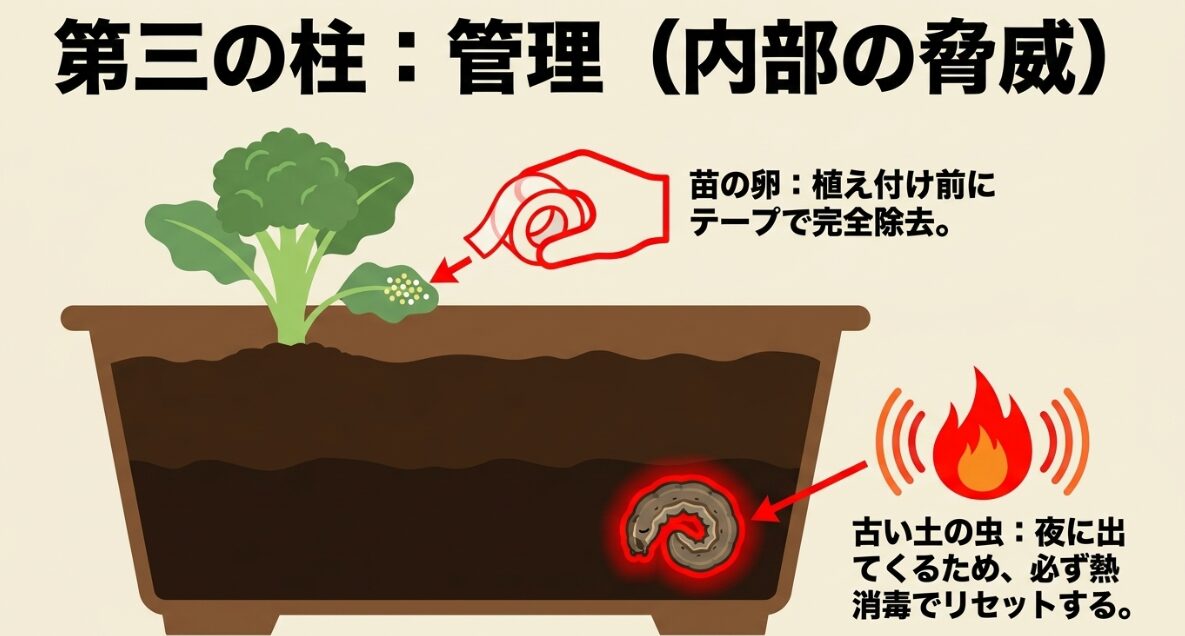 ネット内部で発生する虫の脅威と対策 苗に付着した卵や古い土に潜む虫などの内部の脅威