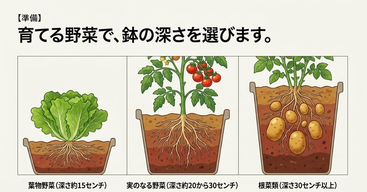 葉菜類、果菜類、根菜類それぞれの根の張り方と、それに適したプランターの深さの違いを比較した断面図