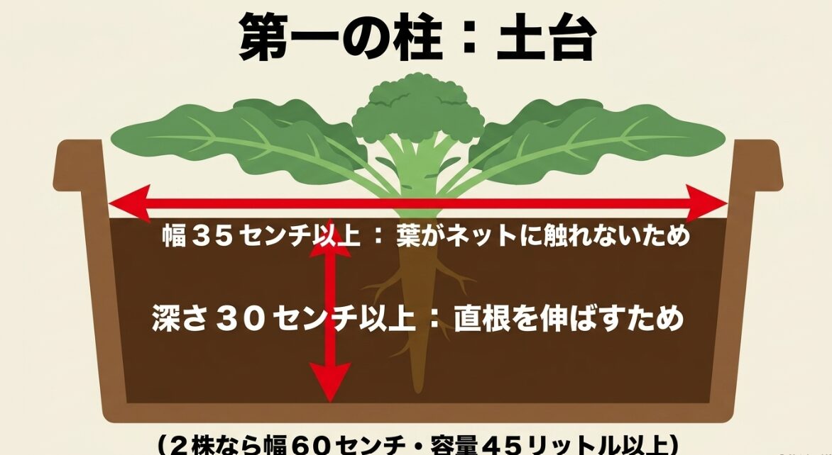 栽培に適したプランターのサイズと深さ ブロッコリーに必要なプランターの幅(35センチ以上)と深さ(30センチ以上)