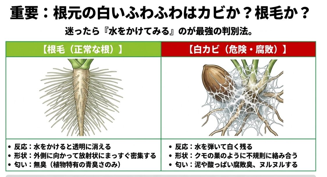 健康な根毛と危険な白カビを水流テストで見分ける方法