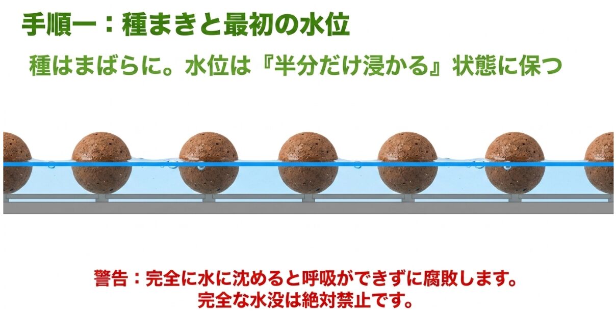 種まき時の最適な水位は種が半分だけ水に浸かる状態
