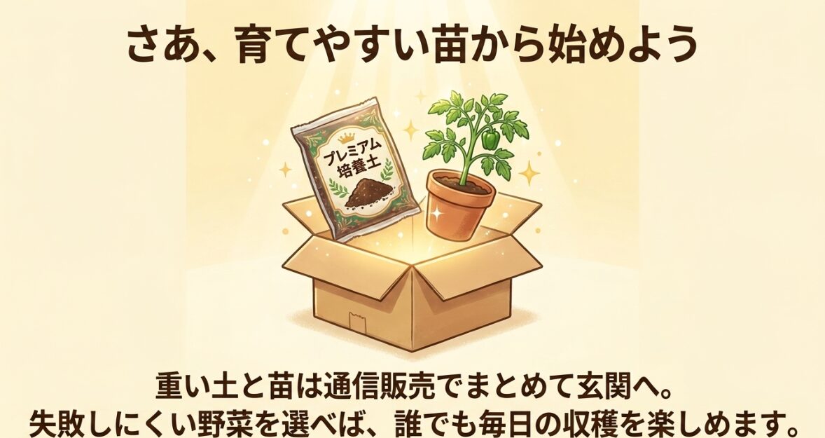 重い土と苗は通信販売でまとめて購入し、育てやすい苗から失敗しない家庭菜園を始めよう