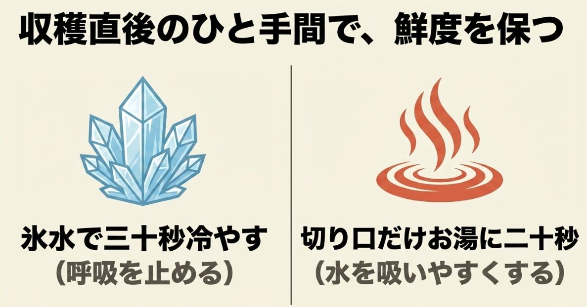ブロッコリーの鮮度を保つひと手間。氷水で30秒冷やして呼吸を止め、切り口だけお湯に20秒つけて水を吸いやすくする