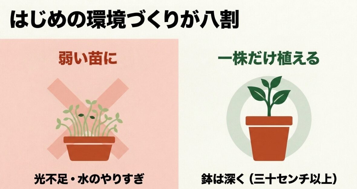 ブロッコリーの初期環境づくり。光不足や水のやりすぎによる徒長を防ぎ、鉢は30センチ以上の深さを選ぶ