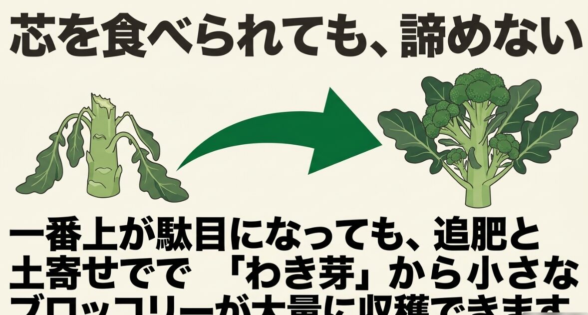 ブロッコリーの芯を食べられても、追肥と土寄せでわき芽から小さなブロッコリーが大量に収穫できる