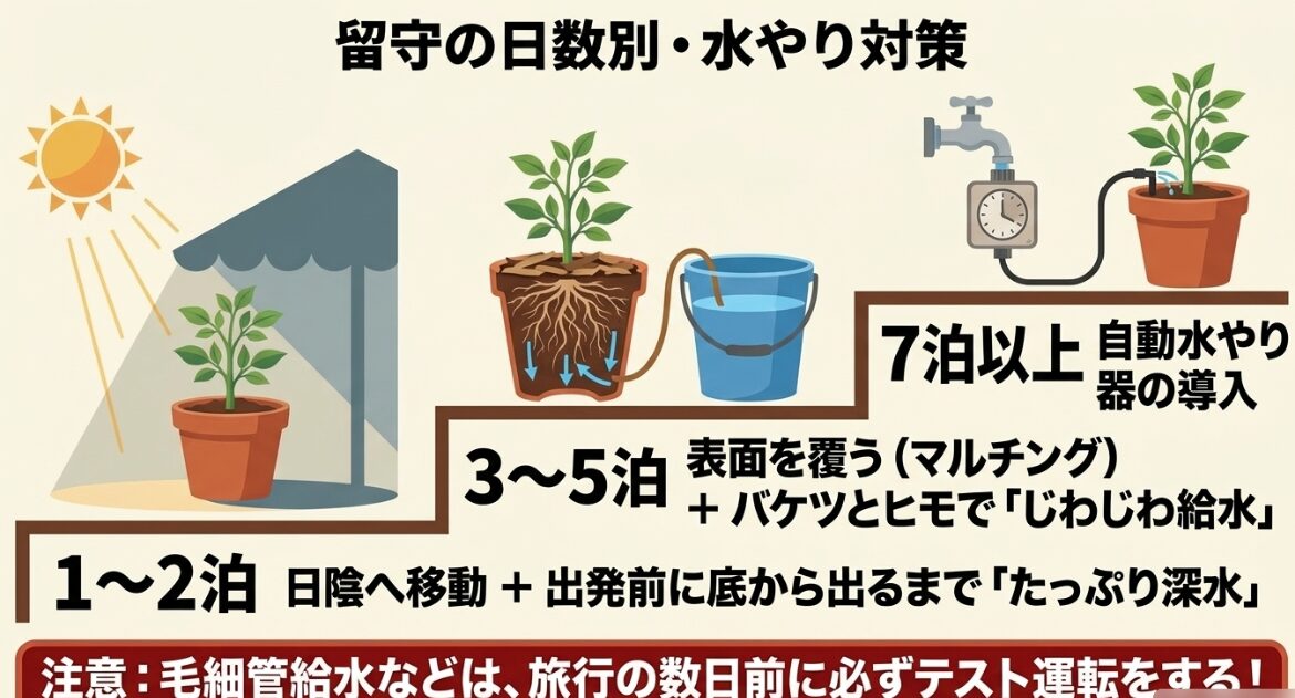 留守の日数別（1〜2泊、3〜5泊、7泊以上）の水やり対策