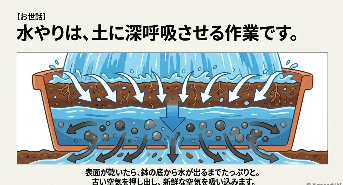 鉢底から水が流れ出るまでたっぷり水を与えることで、土の中の古い空気が押し出され新鮮な空気が入る「土壌呼吸」の仕組みの図