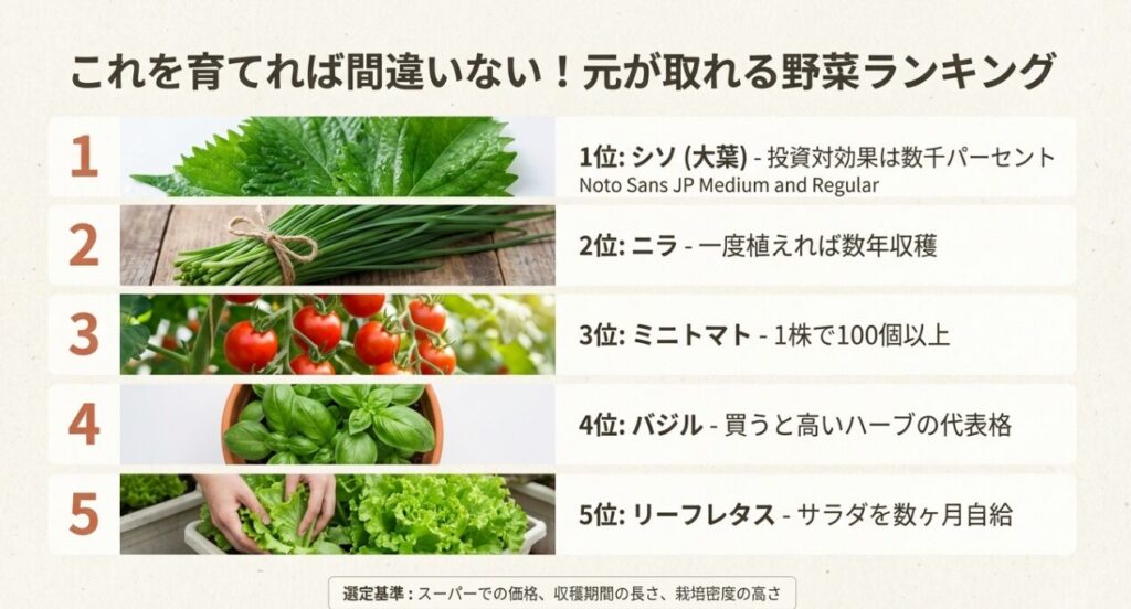 1位シソ、2位ニラ、3位ミニトマト、4位バジル、5位リーフレタスのランキング一覧スライド