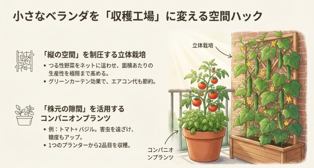 つる性野菜の立体栽培と、トマトとバジルを一緒に植えるコンパニオンプランツのイメージ図