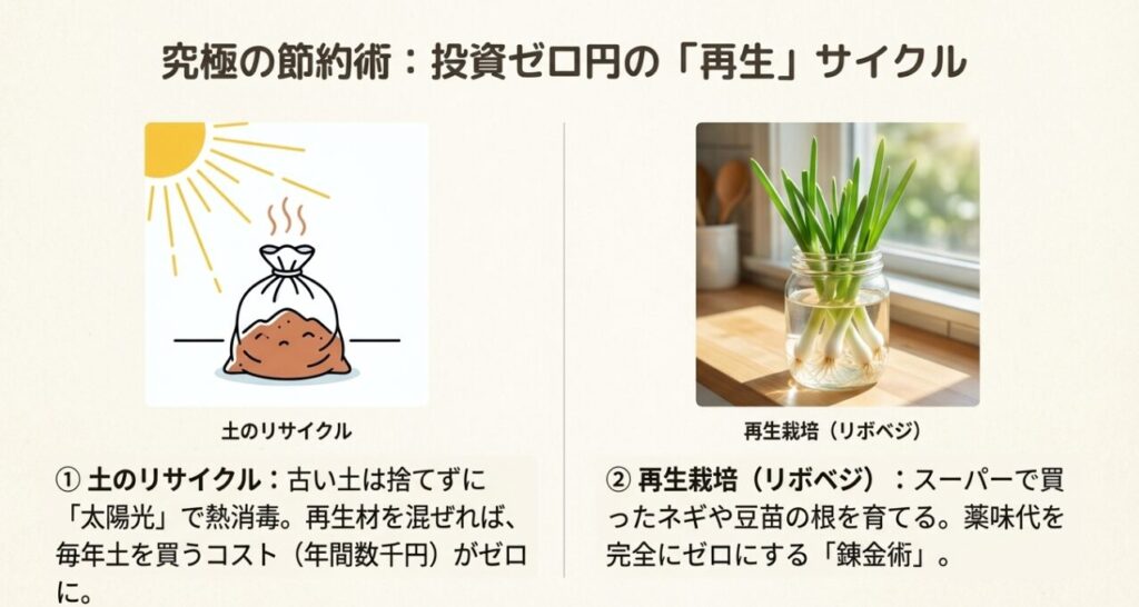 太陽光による土の熱消毒と、スーパーのネギの根を再利用するリボベジの仕組みを解説したスライド