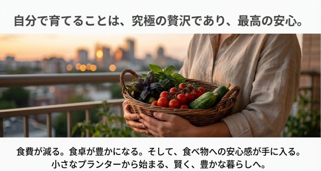 ベランダで収穫した野菜を持ち、豊かな暮らしをイメージさせるまとめのスライド