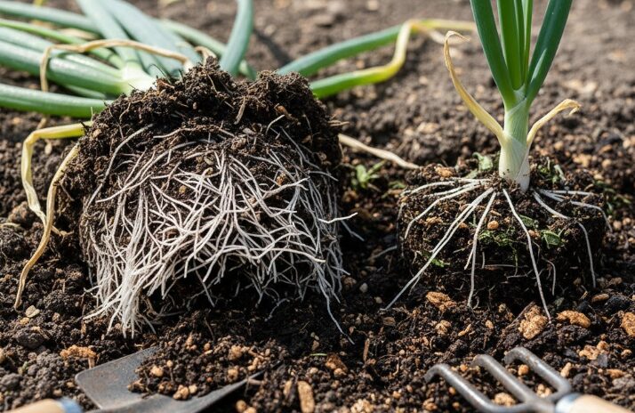 根詰まりを起こしたネギの株と、植え替え準備中の新しいネギの根元のクローズアップ。家庭菜園の道具が添えられている。