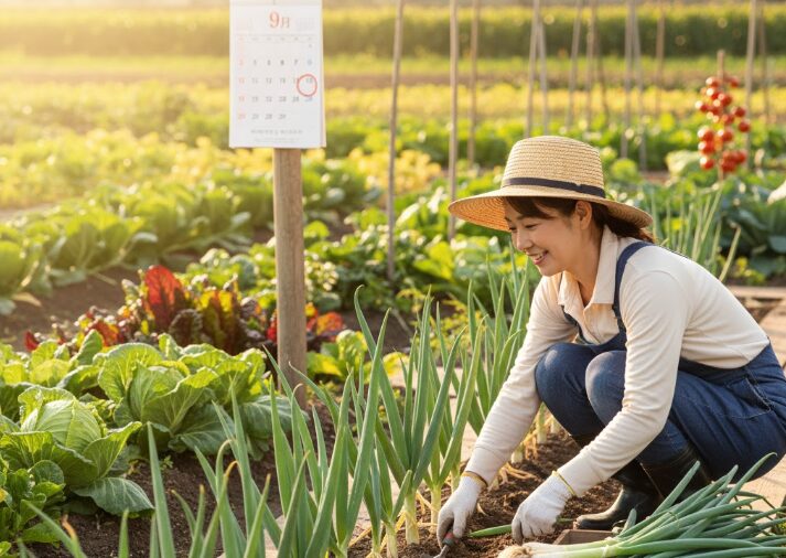 9月のカレンダーが見える畑で、ネギの植え替え作業をする日本人女性。手元には植え替え用のネギとシャベルがある。