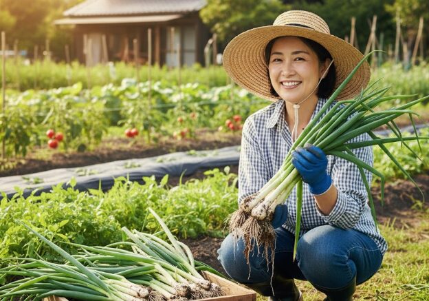 畑で堆肥を土に混ぜ込み、土壌を改良している日本人女性。