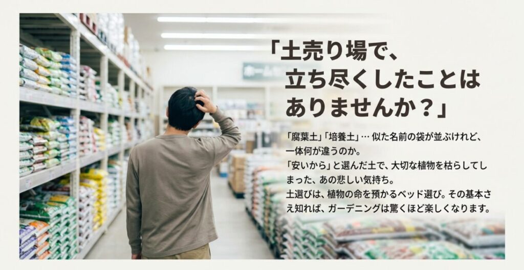 ホームセンターの土売り場で腐葉土と培養土の違いに悩み、安い土を選んで失敗してしまうガーデニング初心者の悩み