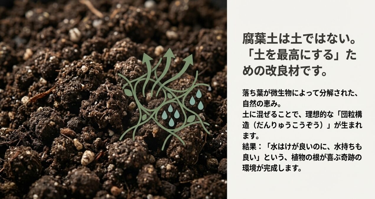 腐葉土が微生物に分解され、土の通気性と保水性を高める団粒構造を作り出す仕組みのイメージ図