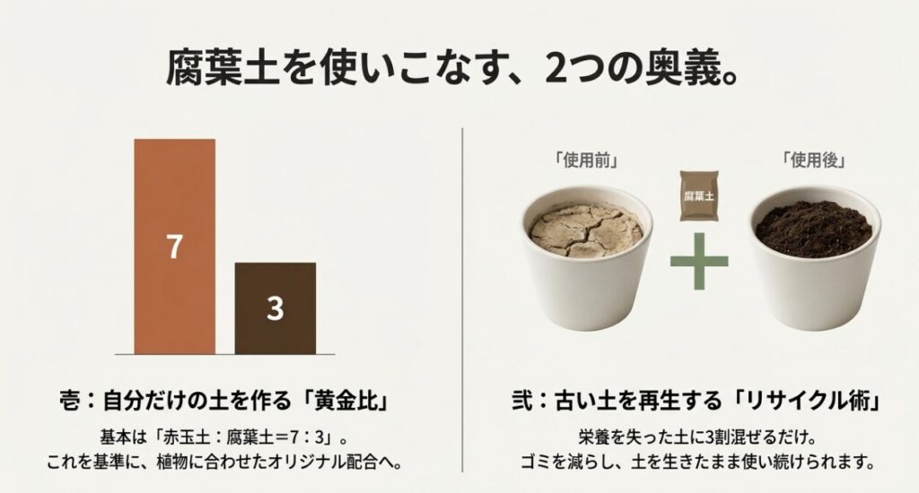 赤玉土7に対し腐葉土3を混ぜる基本の配合比率と、古い土に3割混ぜる再生リサイクル術の図解