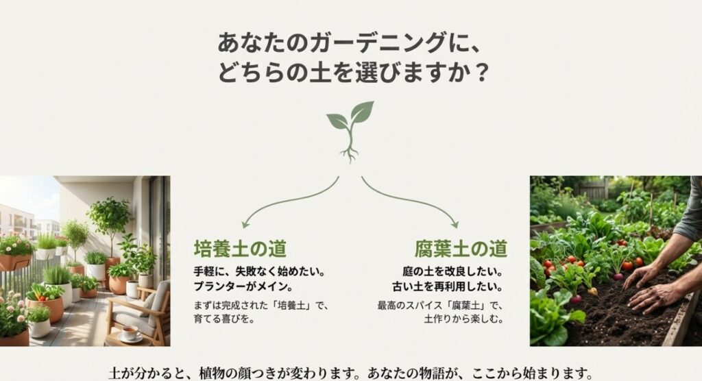 手軽に始めたい人は培養土、土作りを楽しみたい人は腐葉土という目的別の選び方ガイド