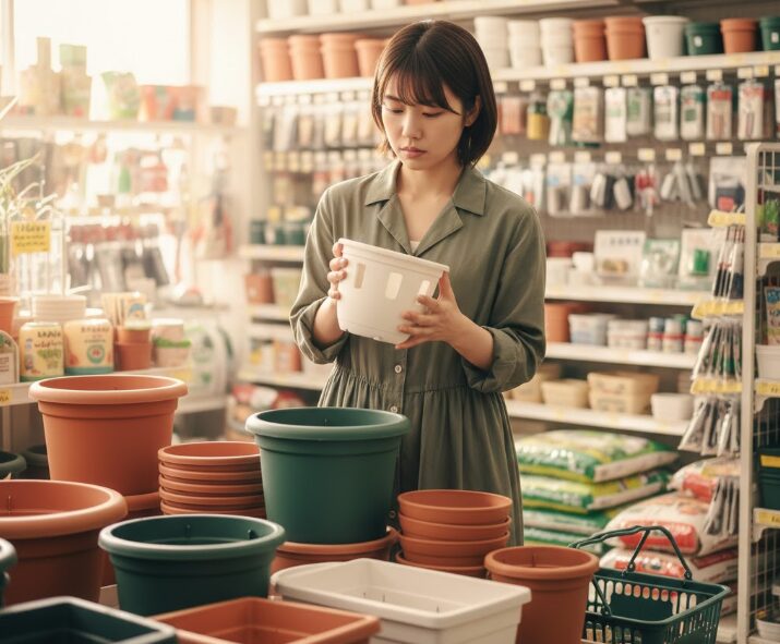 さまざまな種類のプランターが並ぶ100円ショップの園芸コーナーで、いちご栽培に適したプランターを吟味する日本人の女性。