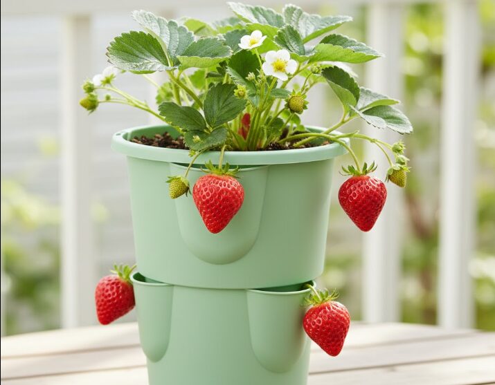 いちごポットで栽培され、サイドポケットから実がせり出して空中にある状態のいちご。