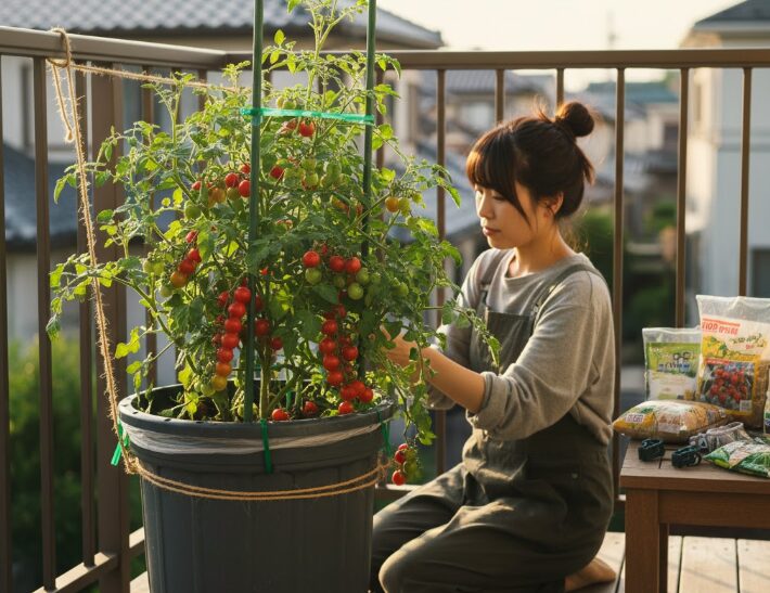 ベランダでゴミ箱を再利用した大きなプランターでミニトマトを育てる日本人女性。横には100均の培養土が置かれている。
