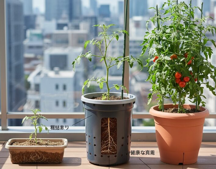ベランダに置かれた3種類のプランター。左から浅型プランター（根詰まり）、深型ゴミ箱プランター（健康な直根）、大容量プランター（最適）。深さと根の成長の関係を視覚的に説明。
