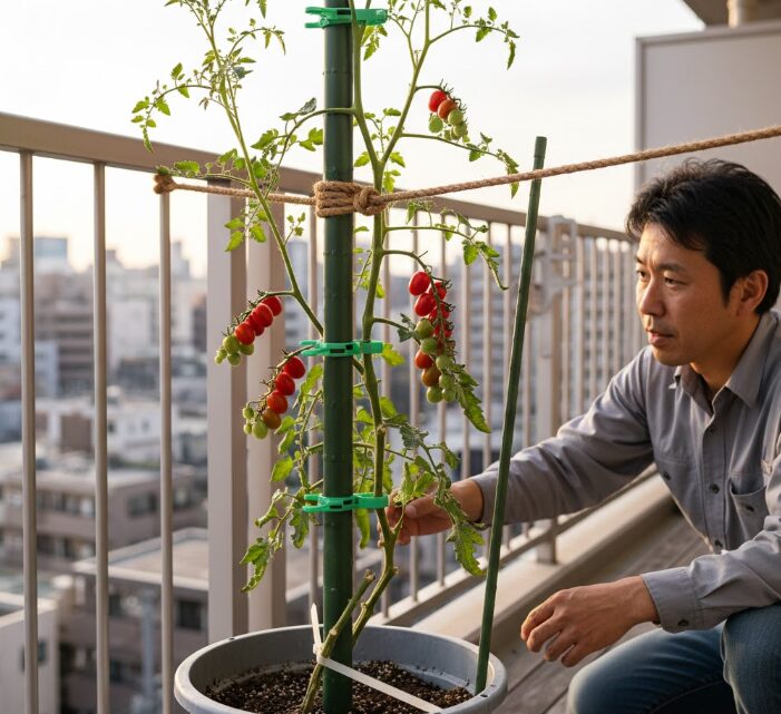 ベランダでミニトマトの支柱が強風で倒れないよう、ベランダの手すりに麻紐で固定している日本人男性。伸縮式支柱と園芸クリップを使用。