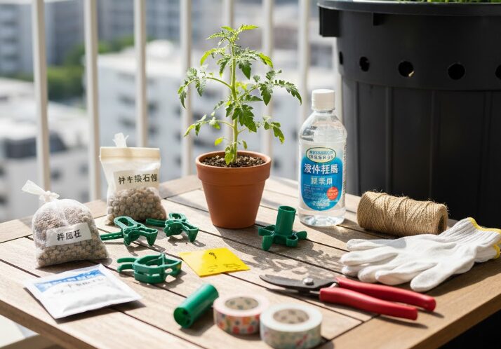 ベランダの木製テーブルに並べられた100均の園芸グッズ。園芸クリップ、鉢底石、有機石灰、ペットボトル用じょうろの先、粘着シート、マスキングテープ、麻紐、剪定ばさみ、園芸用手袋。ミニトマトの苗とプランターも見える。