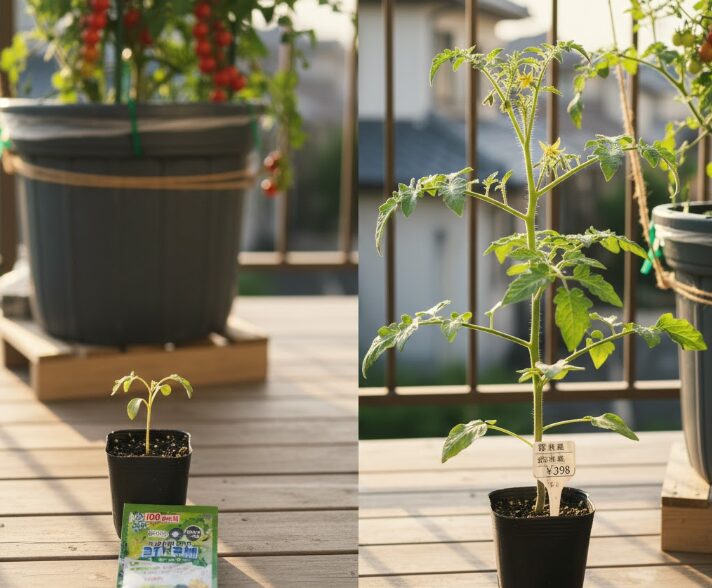 100均の種から育てた小さなミニトマトの苗と、園芸店で購入した「接ぎ木苗」の比較画像。右の苗には398円の値札が付いている。