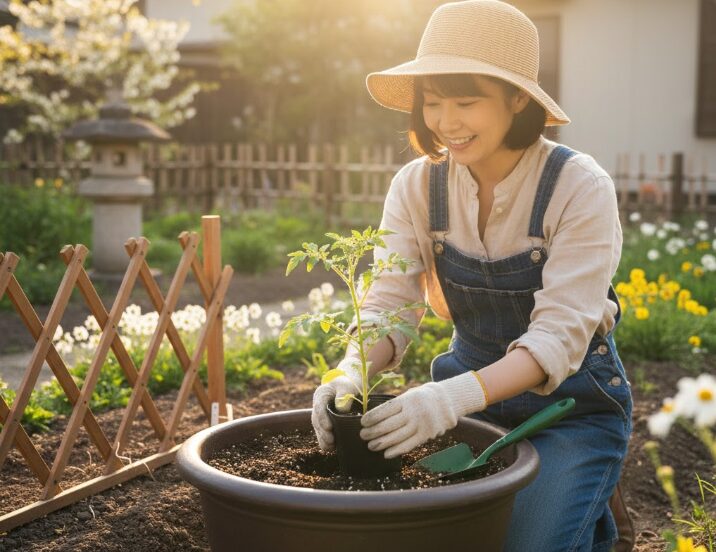 ゴールデンウィークの晴れた日に、日本人が庭でミニトマトの苗をプランターに植え付けている様子