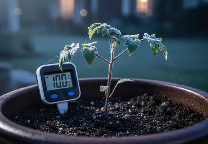 夜間、外気温計が10℃を示し、寒さに耐えるミニトマトの苗のクローズアップ