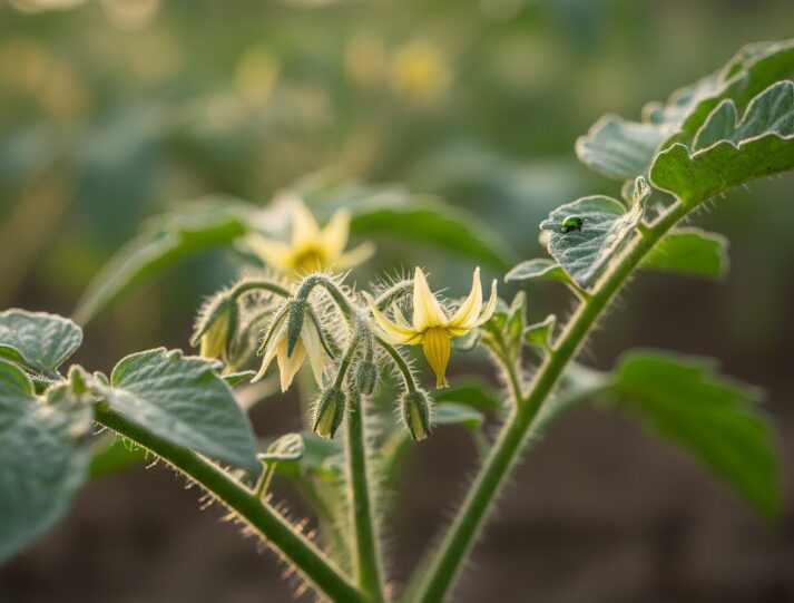 ミニトマトの苗に咲き始めたばかりの第一花房の小さな白い花のクローズアップ
