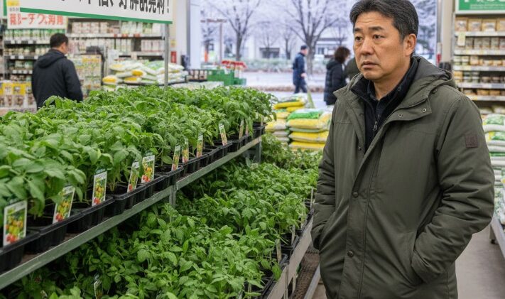 ホームセンターの園芸コーナーで、まだ寒い3月に並べられたミニトマトの苗を見ている日本人