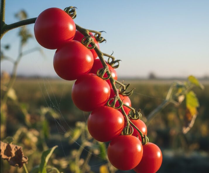 秋の涼しい気候の中で、赤く実った甘そうなミニトマトの房がたわわに実っている様子
